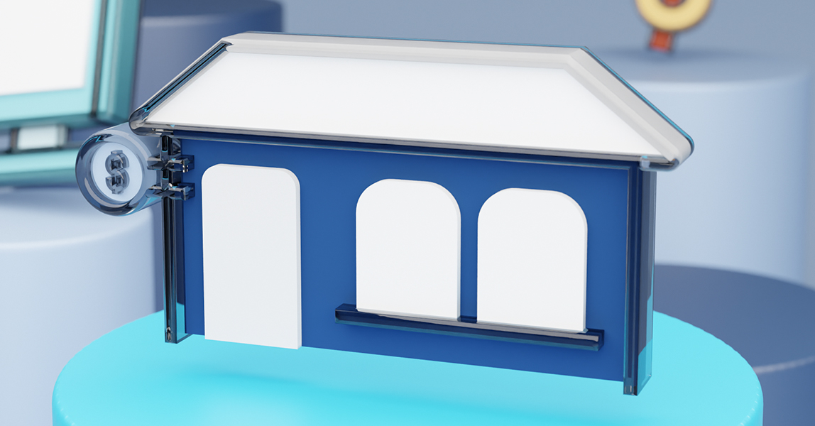 Three dimensional image of a blue bank branch icon